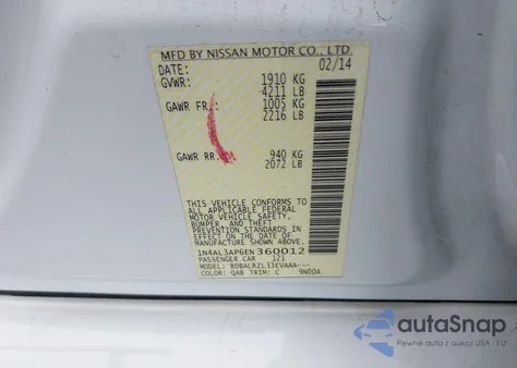 2014 Nissan Altima 2.5 S z USA, uszkodzony, nr VIN 1N4AL3AP6EN360012